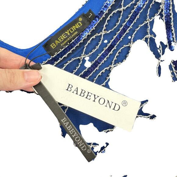 Babeyond NWT Royal Blue Sequin Beaded Fringe Flapper Style Midi Dress - Picture 11 of 12